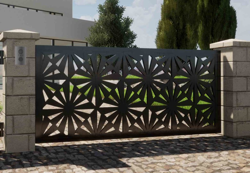 Posuvná samonosná brána s designovým motivem čtvercových květů