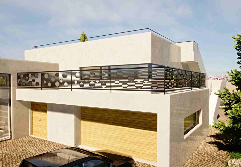 Ocelové designové zábradlí na terase moderního domu