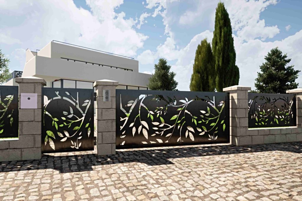 Kovový designový plot s bránou a brankou Prowerk DV-021 s motivem popínavé rostliny.