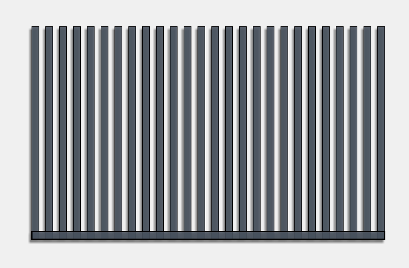 DESIGN PV1607 Svislé hřebenové profilové lamely 40x40, nebo 60x20mm s kolmou nebo natočenou orientací. Rozestupy cca 40mm. Kotvení přes základový profil do betonového pasu nebo podezdívky.